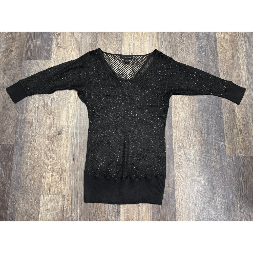 Venue Black Sequin Knit Top V-Neck Fishnet Back 3/4 Sleeve Small
